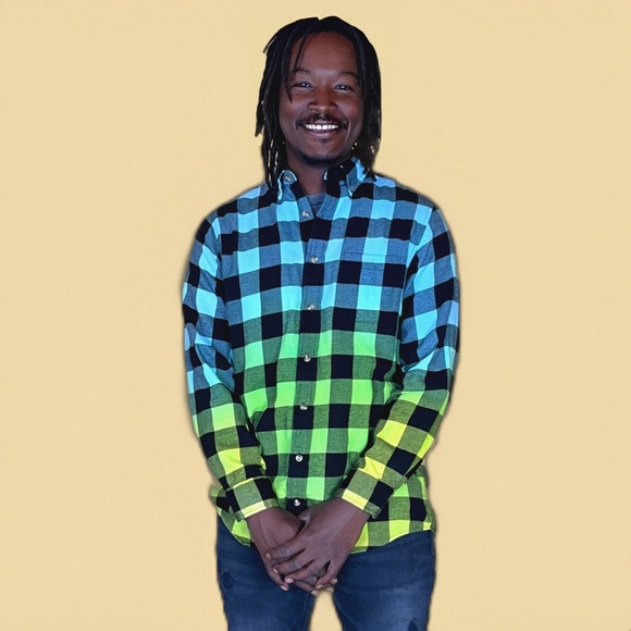 Oversized Tie Dye Flannel Shirt Neon Blue Green Yellow Dip Dye Gradient - Picture 3 of 5